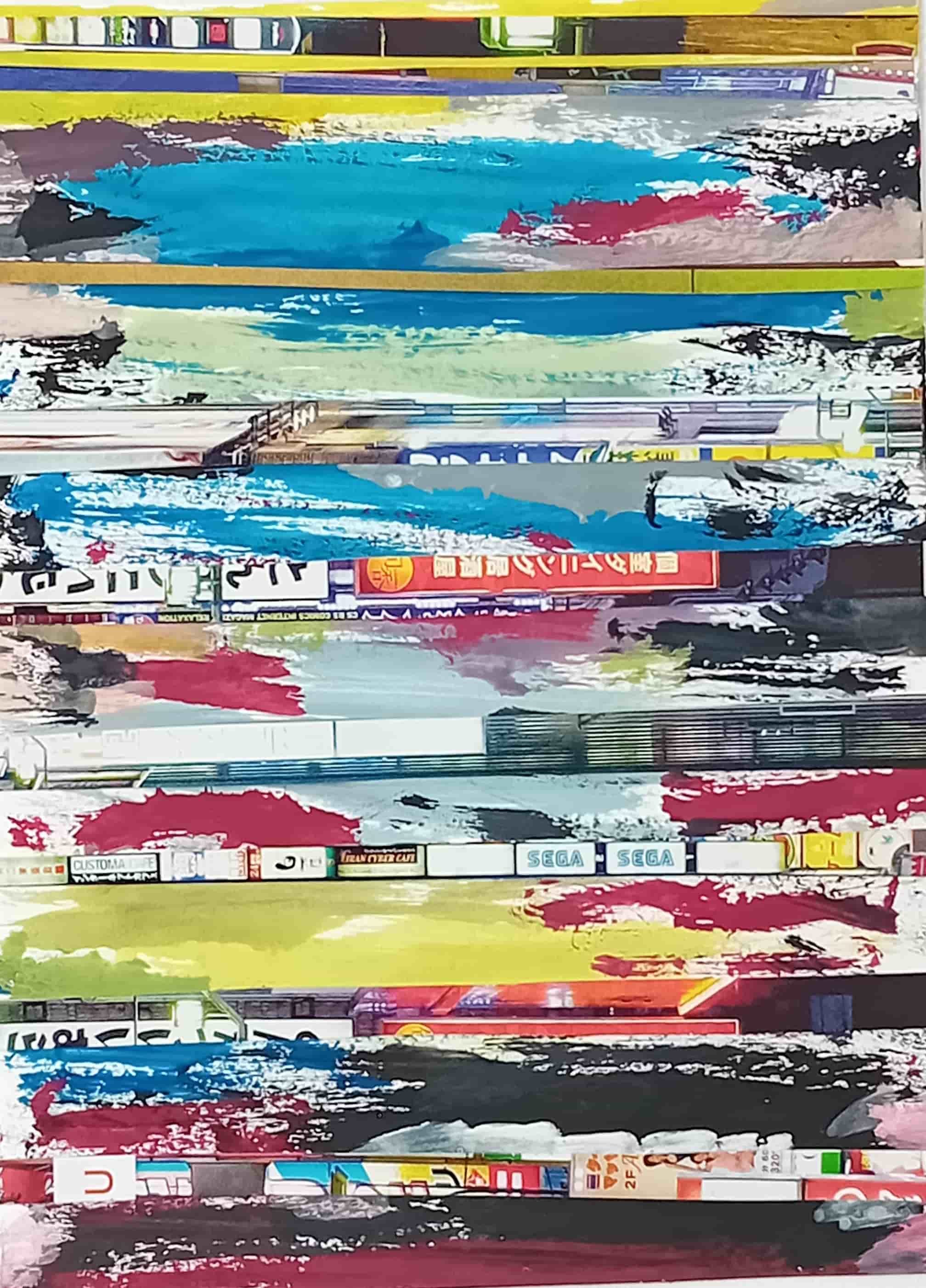 Mélange de peinture et de collage papier rectangulaire. On discerne des couches horizontales abstraites successives.